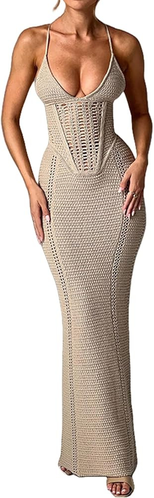 Women's Crochet Knitted Halter Maxi Dress Sexy Hollow Out V-Neck Lace Up Backless Bodycon Beach H... | Amazon (US)