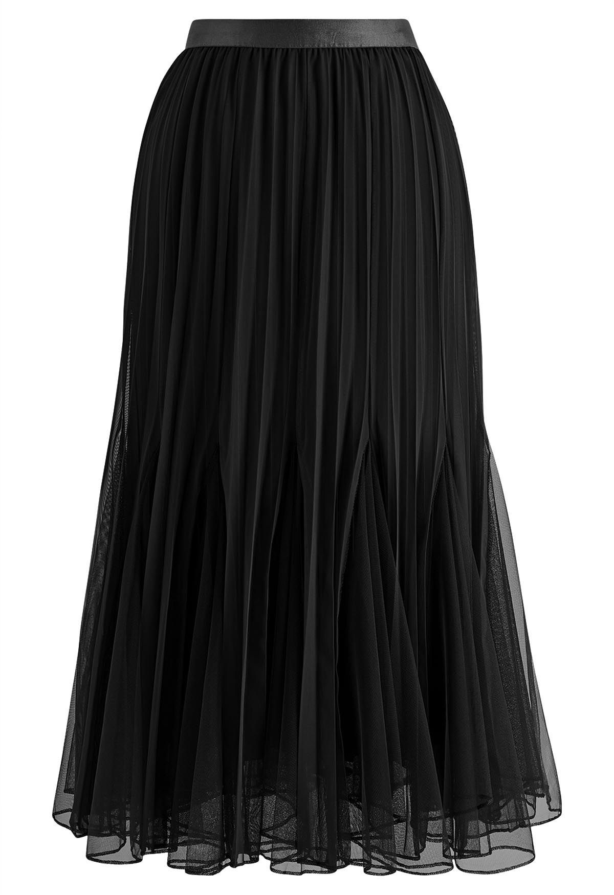 Panelled Pleated Mesh Tulle Midi Skirt in Black | Chicwish