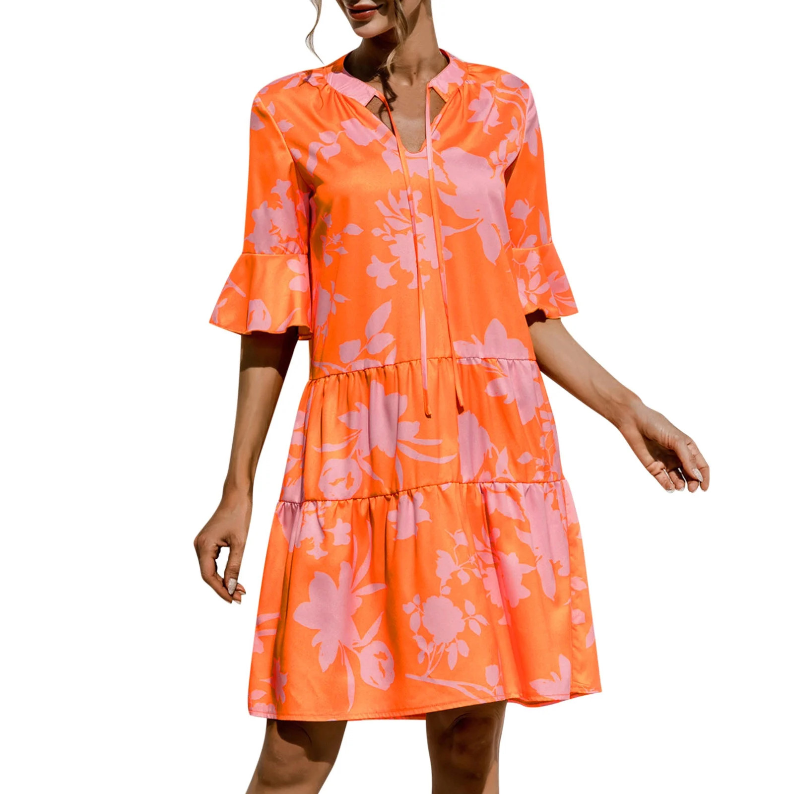 iOPQO Fall Dress Casual Dresses For Women 3/4 Puff Sleeves Ruffle Mini Dress V Neck Solid Pleated... | Walmart (US)