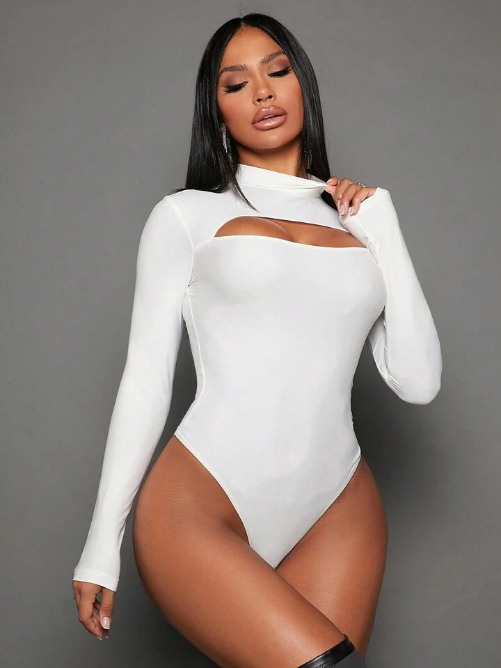 SHEIN SXY Mock Neck Cut Out Front Slim Fit Bodysuit | SHEIN