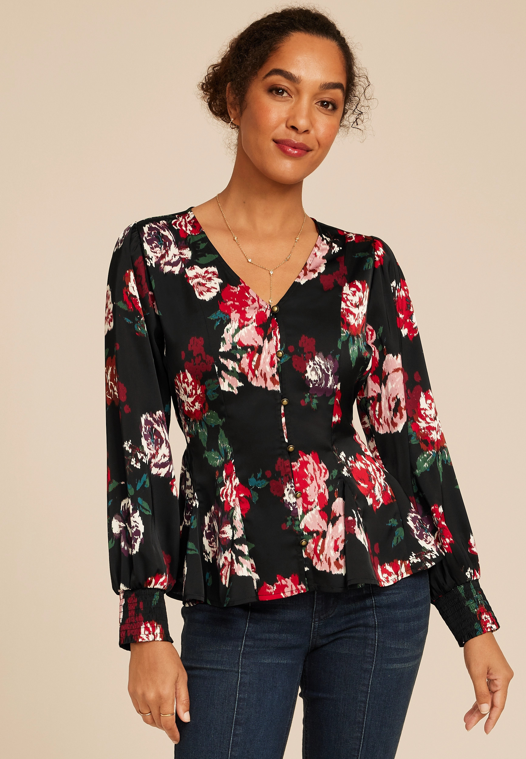 Maurices Women's X Large Size Floral Satin Peplum Blouse | Maurices