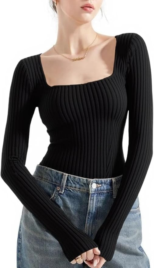 v28 Women Square Neck Knit Elasticity Stretchable Long Sleeve Slim Sweater Tops | Amazon (US)