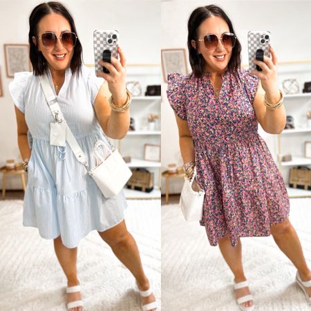$16.98 flutter sleeve dresses now available in plus sizing! Prefer an xl in mine. Wearing a large in the blue and white striped one. XL in the floral. Sandals fit tts  

#LTKSeasonal #LTKfindsunder50 #LTKmidsize