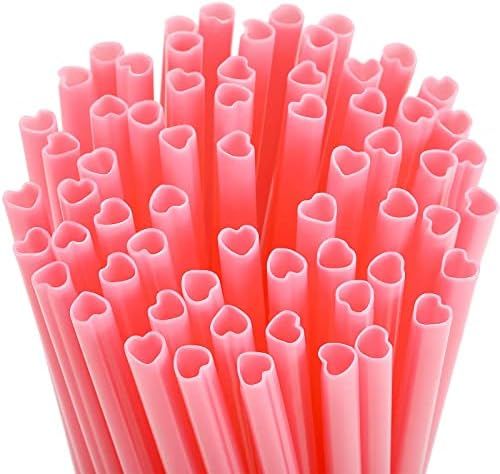 100 Pieces Valentine Straws Heart Shaped Pink Straws Plastic Disposable Drinking Cute Straw Drink... | Amazon (US)