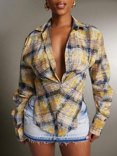 Denimoi Women's Plaid Long-Sleeved Shirt, Suitable For Daily Commuting, With Irregular Slits And ... | SHEIN