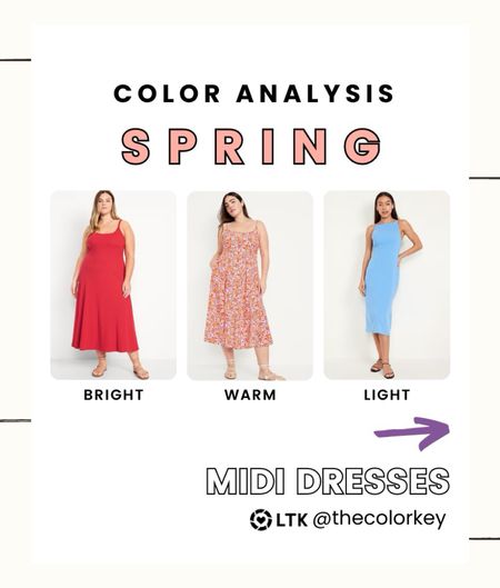 Spring midi dress 
Old navy dress 
Color analysis 

Light spring 
Warm spring 
True spring 
Bright spring 
Clear spring 

#LTKSeasonal #LTKsalealert #LTKfindsunder50