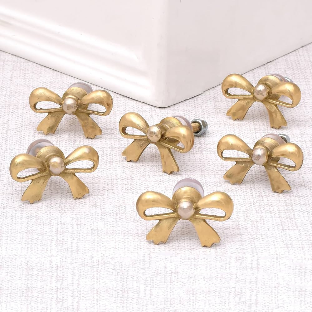 Indian Shelf 6 Pieces Brass Gold Bow Drawer Knobs for Kitchen Cabinet Hardware Nursery Door Decor... | Amazon (US)