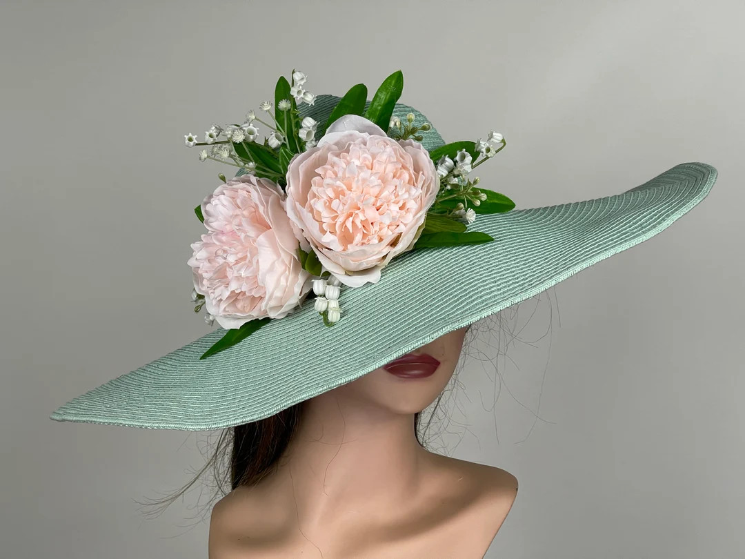 Sale Pale Green Pink Peonies Wedding Kentucky Derby Wedding Cocktail Woman Bride Hat Barmitsva Pa... | Etsy (US)