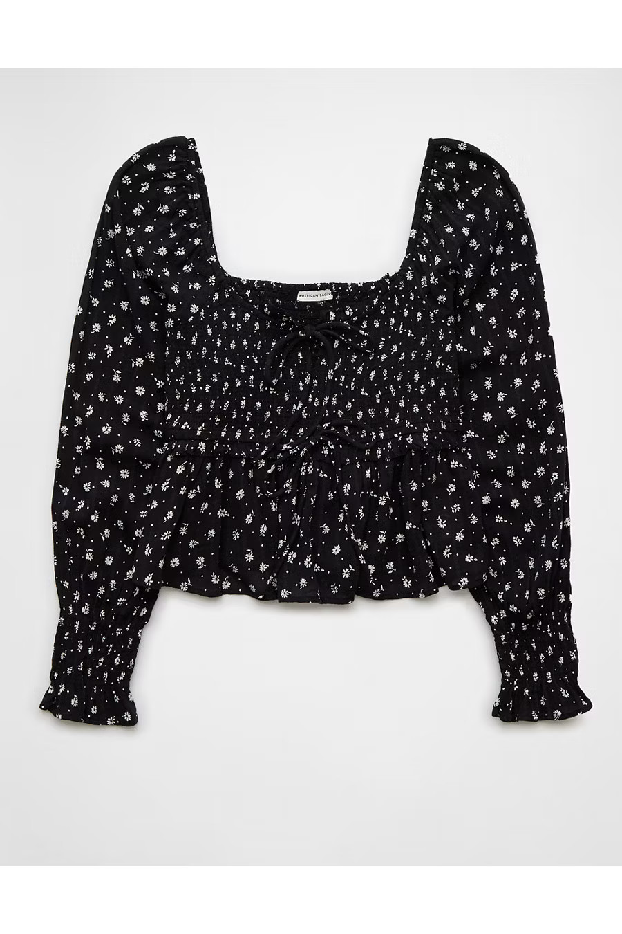 AE Long-Sleeve Smocked Tie Front Blouse Women's Black XXS | American Eagle Outfitters (US & CA)