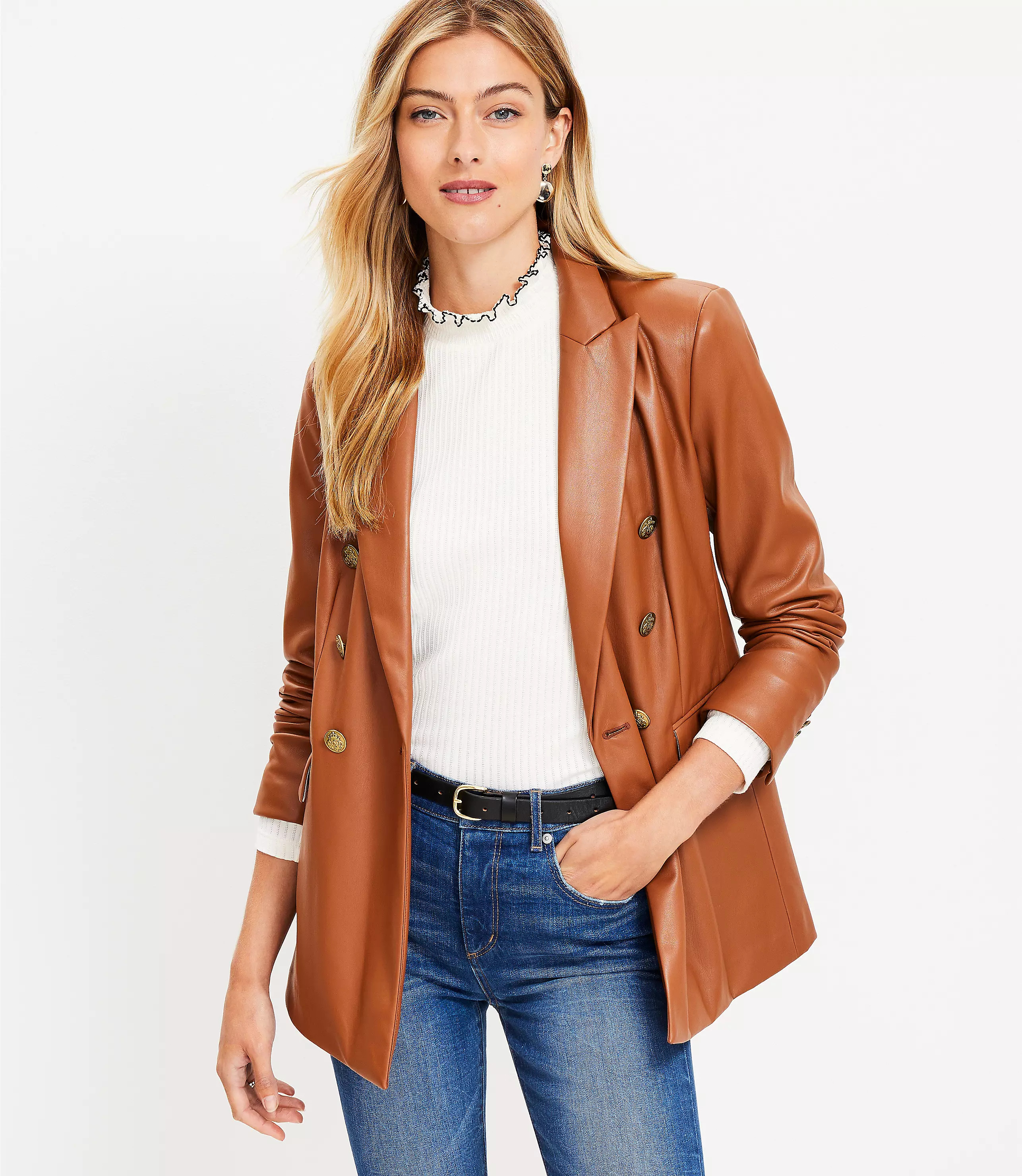 Petite Faux Leather Double Breasted Blazer | LOFT