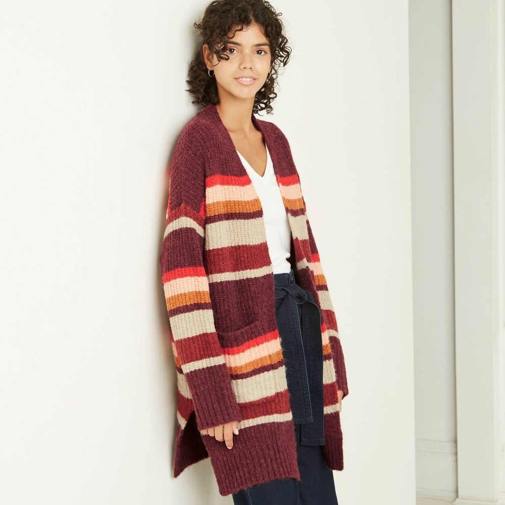 Women's Striped Open-Front Cardigan - A New Day Burgundy/Cream/Red S | Target