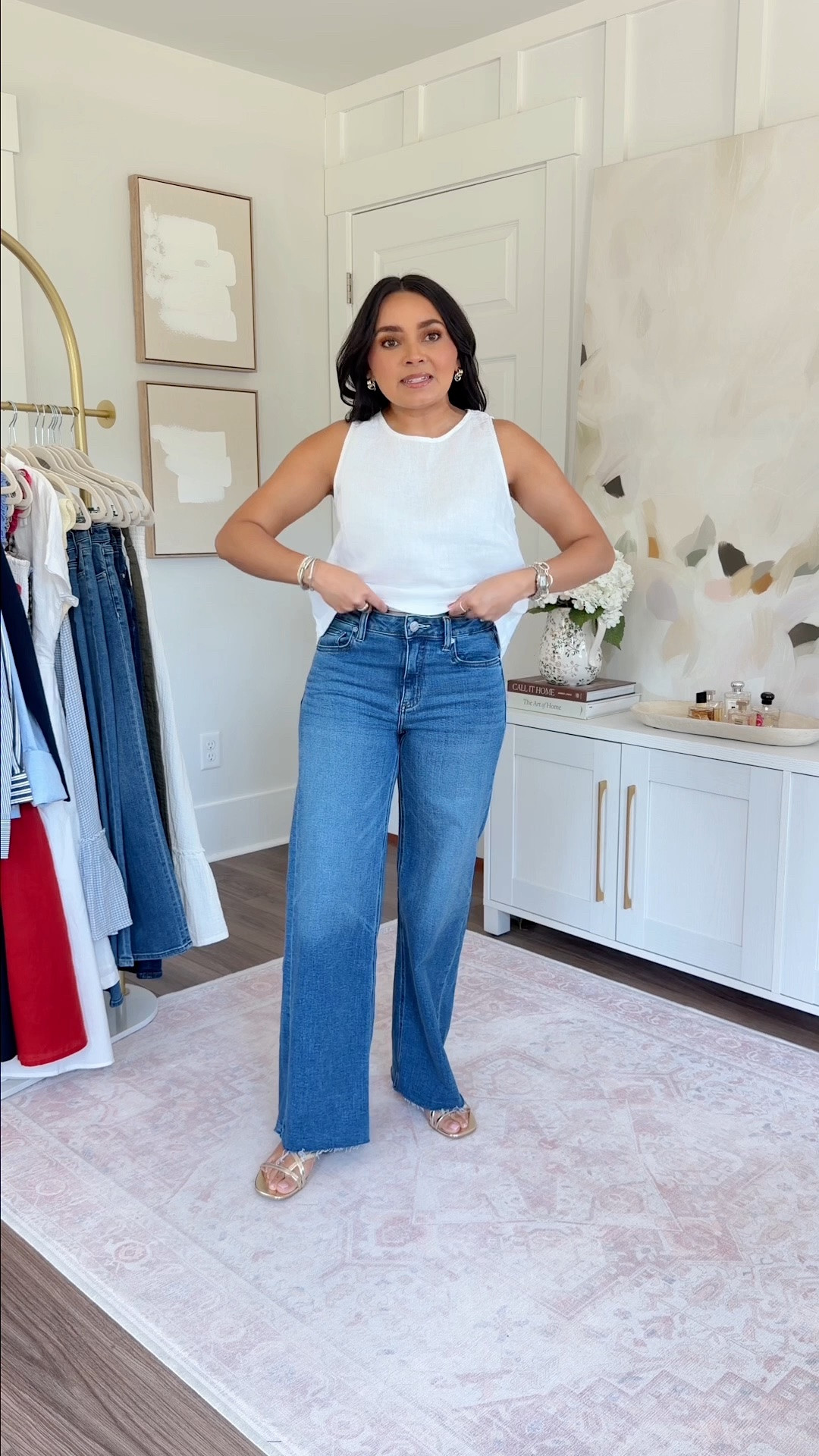 White cropped linen tank size xs TTS
Twilight blue gray wide leg jeans size 26 short
Gold sandals size 5.5 TTS

#LTKootd #LTKgrwm #LTKPetite