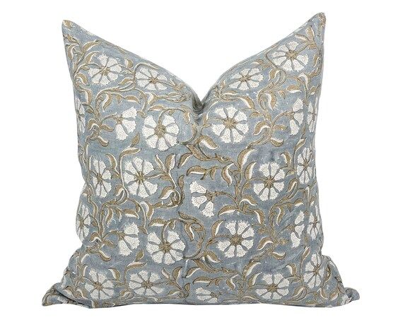 NOVA  Designer Blue Grey Linen Pillow Cover Block Print | Etsy | Etsy (US)