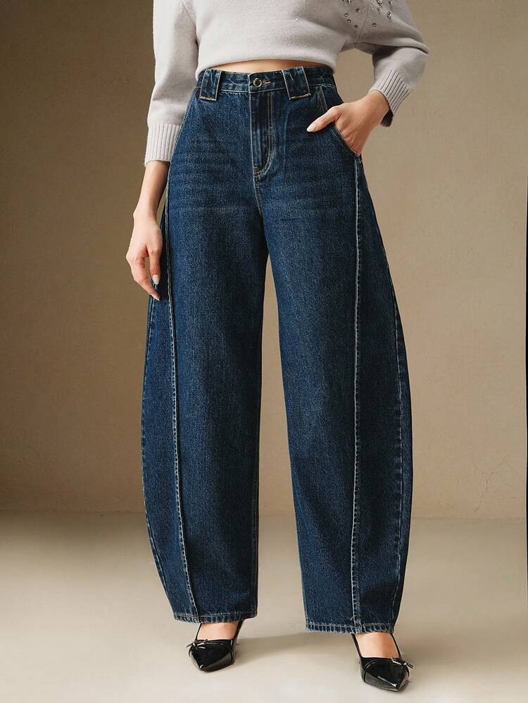 Anewsta Women's Blue Pocket Casual Fashion Wide Leg Jeans | SHEIN