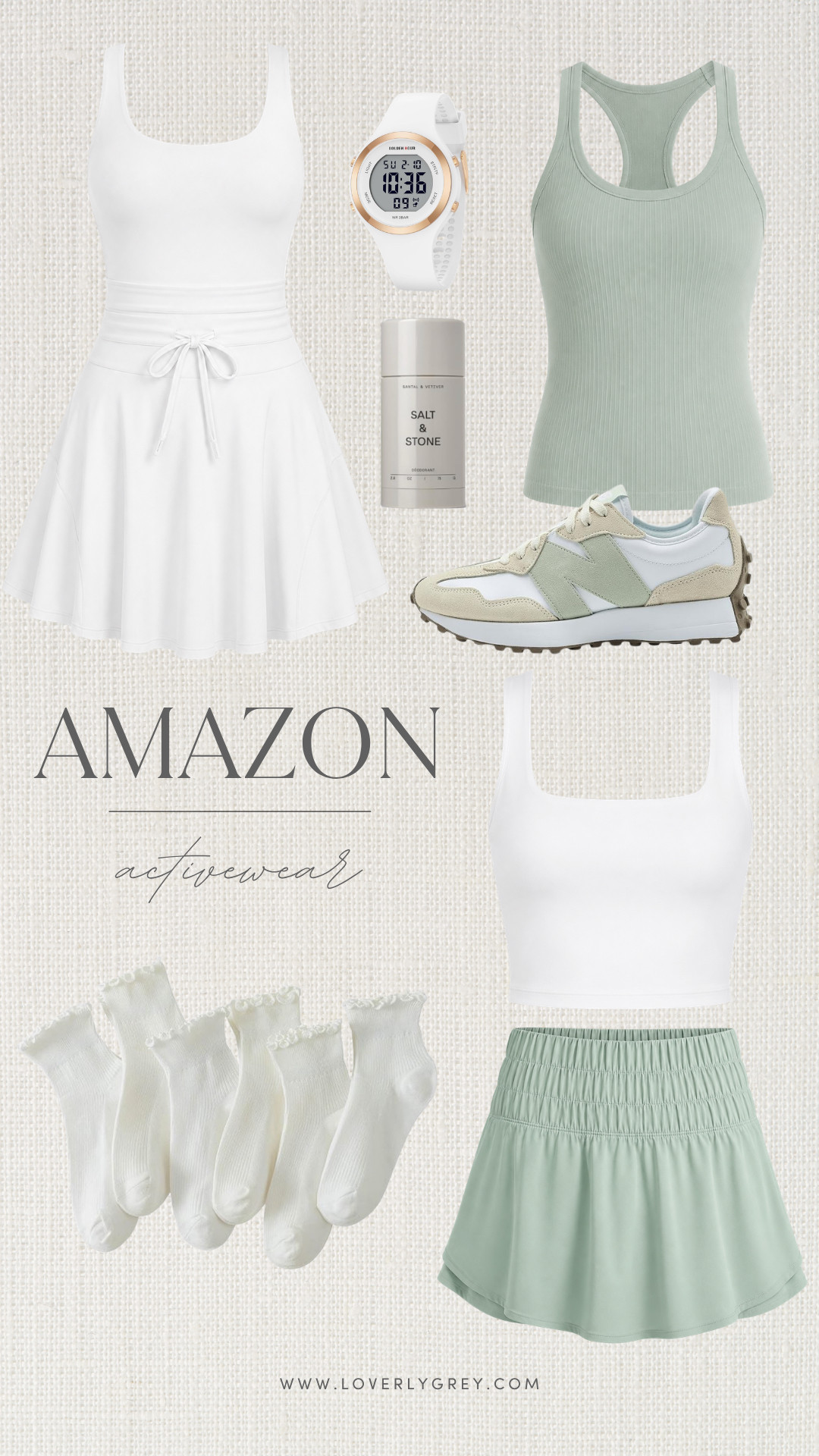 The prettiest neutral activewear pieces to upgrade your summer workout wardrobe on a budget! Grab these comfortable, top-rated skirts and ruffle socks before they sell out. Loverly grey, Amazon fashion, tennis skirt outfit, New Balance sneakers, casual athletic style 

 #LTKgrwm #LTKootd #LTKfitnessgoals