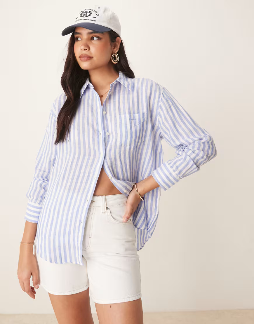 GANT relaxed fit logo linen striped shirt in blue | ASOS (Global)