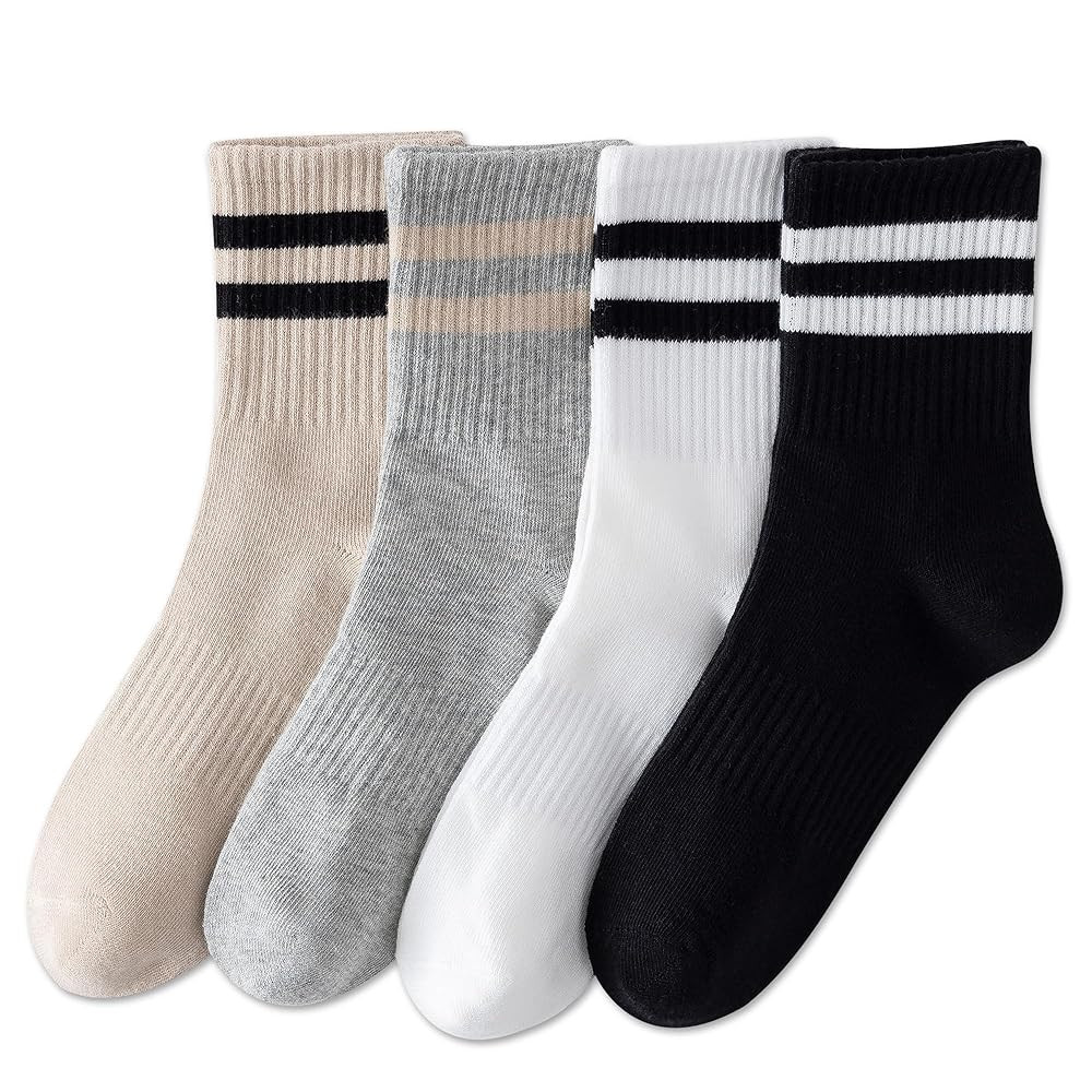 YUWELL Womens Striped Crew Socks, Cotton Cozy Casual Socks for Women 4 Pairs, Size 5-10 | Amazon (US)