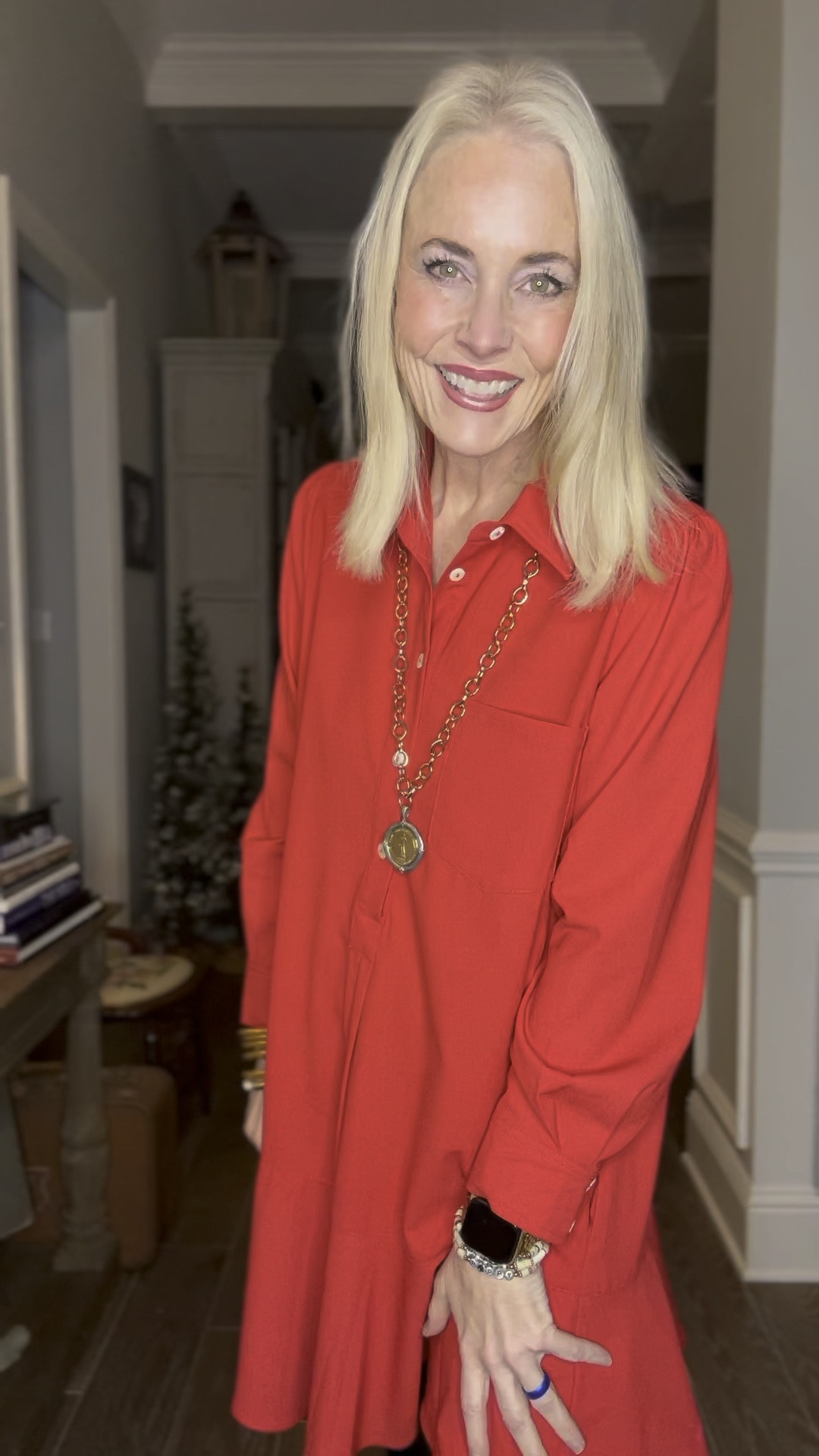 Y’all loved it in black and it’s back in red. Today’s OOTD was y’all’s most loved item last week on LTK, and I am not one bit surprised. It’s the size-inclusive Callahan in red. I also have it in black and chambray, but in comes in a total of 5 different colors. This one and the black one are a crepe material and the chambray is more of a cotton dress. It is available in sizes XS-3X  I’m in a large only because I’ve had this one for several years and this used to be my size. But the beauty of this dress is that you can wear it no matter if you gain or lose weight. It still works. I love the pockets and the flare at the bottom. Such a fun and feminine take on a shirtdress. I’ve paired it with black fleece-lined opaque tights and boots from Altar’d State and finished it off with jewelry from Amazon, Etsy, Jennifer Ponson, and Gorjana. 

As a reminder for reference, I’m 53, 5’8, 140is pounds and typically wear a 6/8/M. 

#LTKTreatYourself #LTKMaternity #dress 

#LTKmidsize #LTKworkwear #LTKplussize