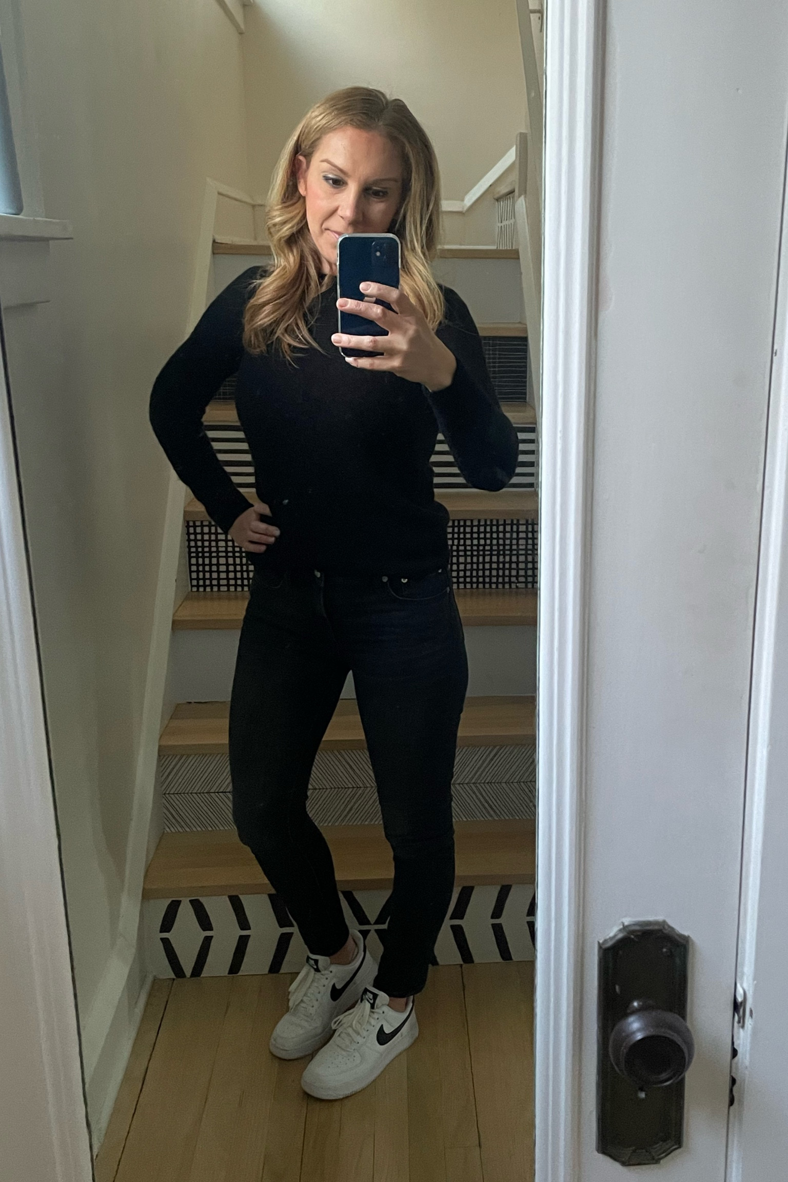 I’m a sucker for an all black outfit. Black straight leg jeans and a black lightweight sweater with some comfy sneakers is my fav daytime or travel look. My Nike Air Force 1s fit TTS and my exact jeans are linked from JCrew

#LTKtravel #LTKstyletip #LTKeurope