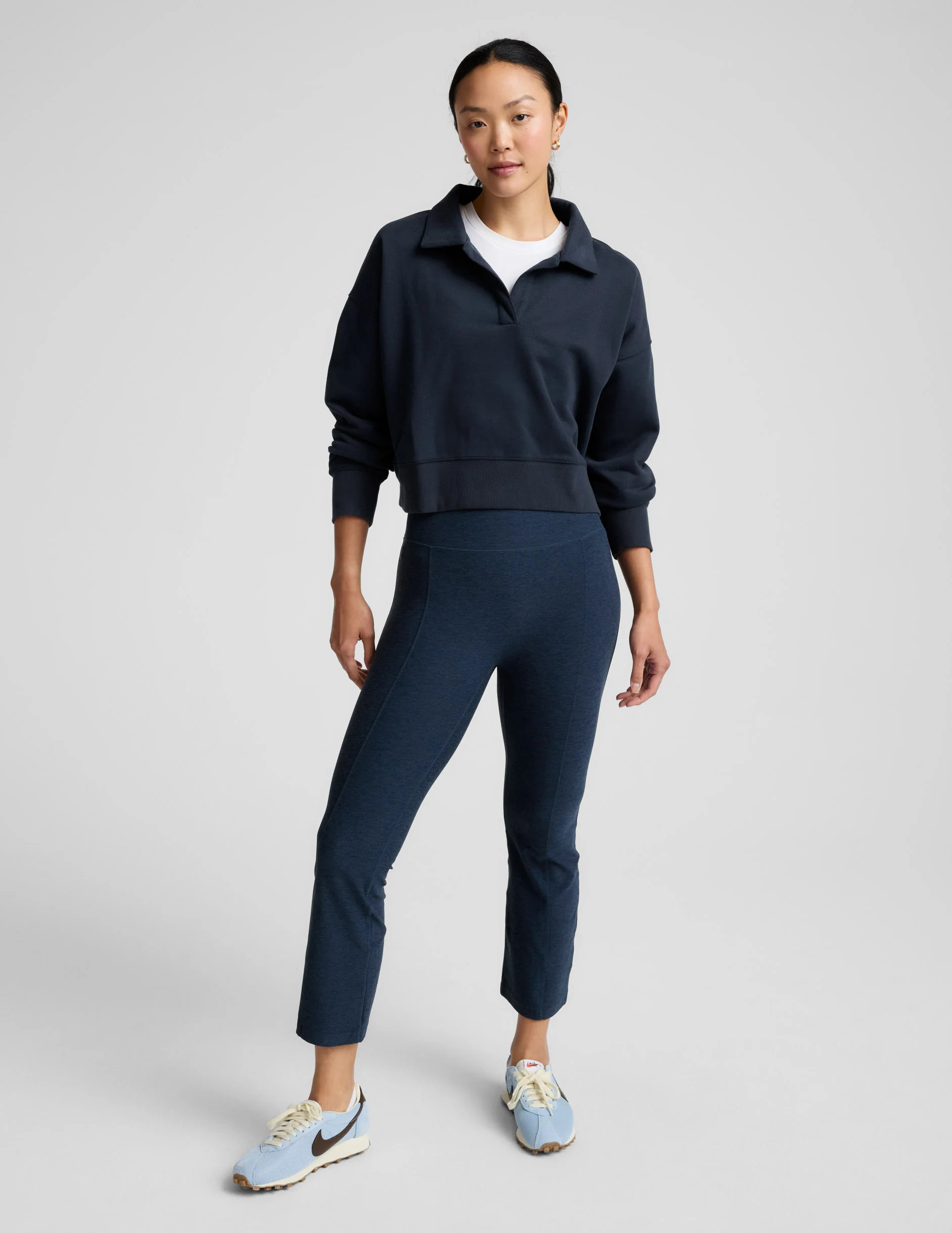 High Waisted Pintuck Kick Flare Spacedye Pants - Navy | Beyond Yoga | Beyond Yoga