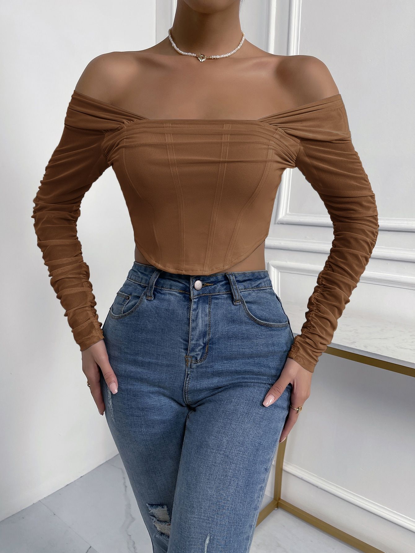 Off Shoulder Ruched Mesh Crop Top | SHEIN