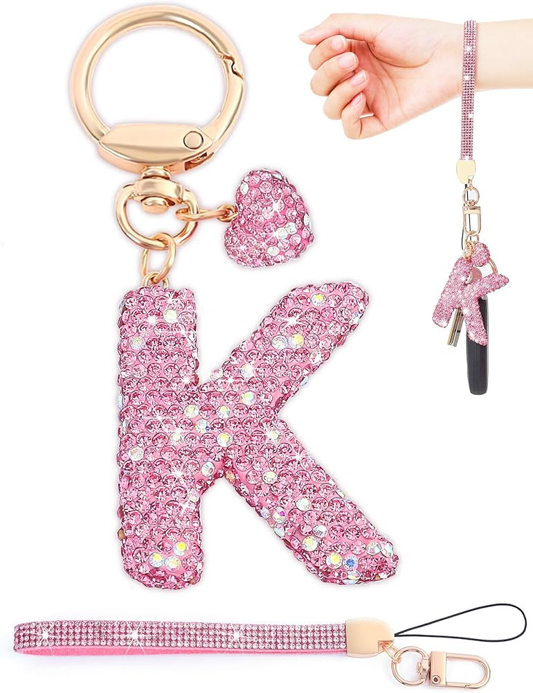 Initial Keychain for Women Girls,Bling Letter Key chain Initial with Heart,Pink Keychain Charms f... | Amazon (US)
