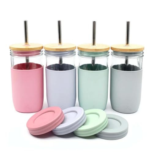 Elk and Friends 24oz Glass Mason Jar – Pack of 4 | Bamboo Straw Lids + Stainless Steel Straws | Smoothie + Iced Coffee + Bubble Tea Cups | Glass Cups with Lids and Straws | Dishwasher Safe | Amazon (US)