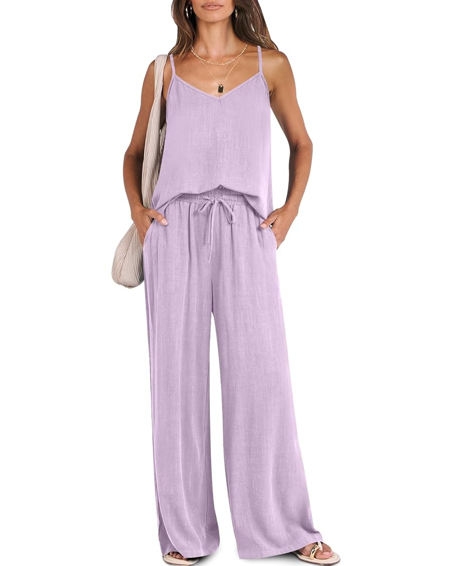 ANRABESS Women's 2 Piece Linen Lounge Set Casual Matching Pants Jumpsuit Summer Beach Travel Vaca... | Amazon (US)