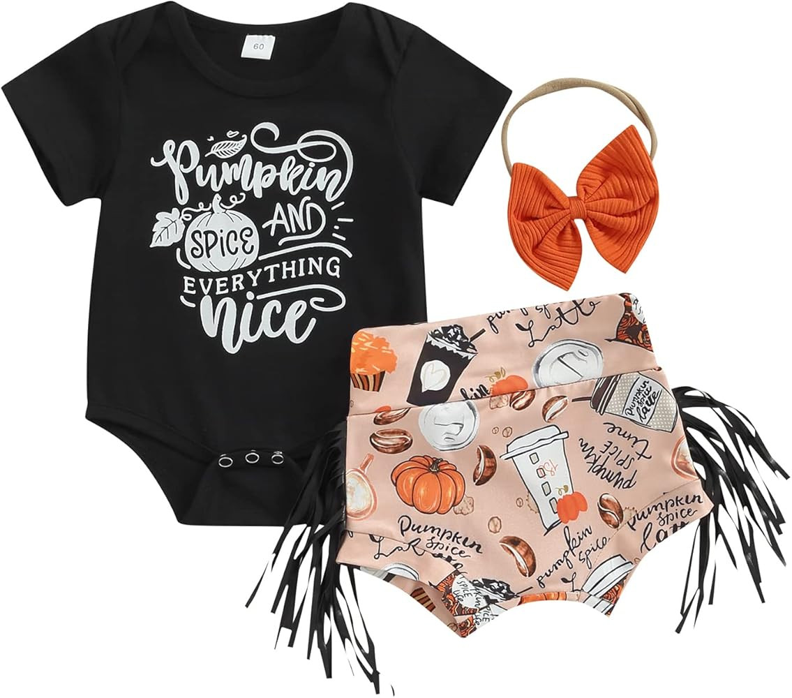 Baby Girl Clothes Newborn Short Sleeve T-Shirt Romper Pumpkin Print Shorts Headband Set Cute Hallowe | Amazon (US)