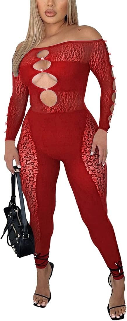 MOEENCN Sexy Off Shoulder Jumpsuit for Women Summer Sheer Mesh Bodycon Leopard Long Sleeve Romper... | Amazon (US)