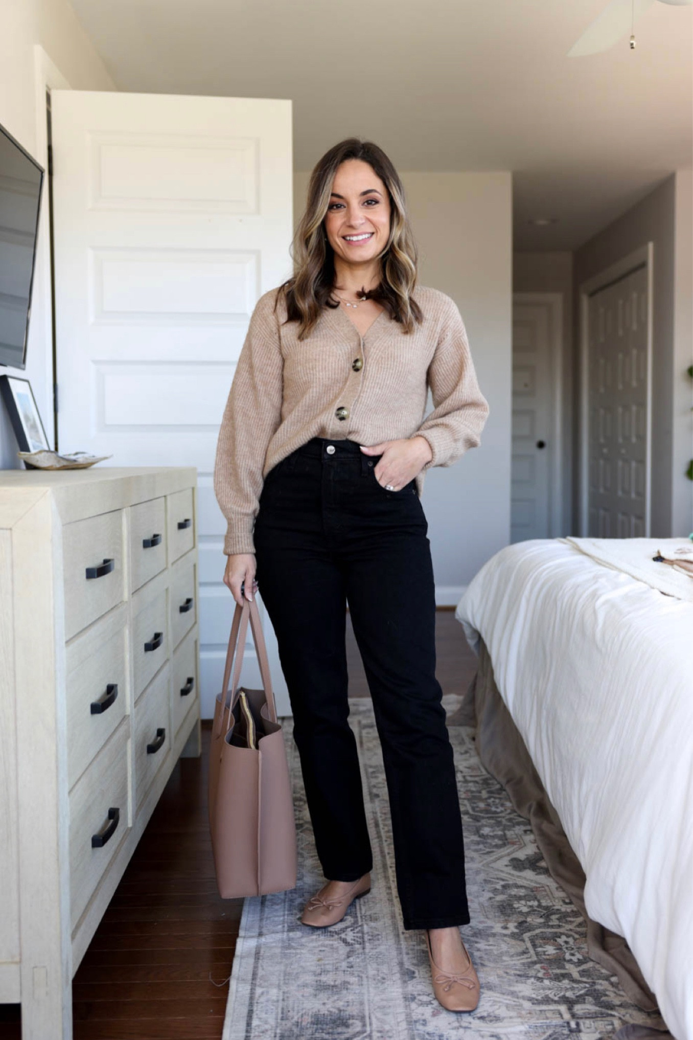Smart casual outfit idea for work with black jeans. 

Jeans: Abercrombie ultra high rise 90s straight 24 extra short in saturated black. Also linking a mid rise, slim straight, and cropped flare option if you prefer a different fit. 

Sweater: xs (I pinned it here but in hindsight I think I would have like the way it looks better with a top under it instead. 😁) 

Shoes: tts 

#LTKworkwear #LTKstyletip
