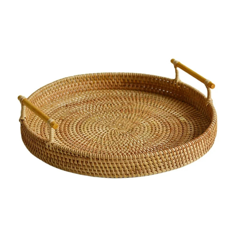 Storage Tray Wicker Basket, Round, Decorative, Serving Tray with Handles Woven | Walmart (US)