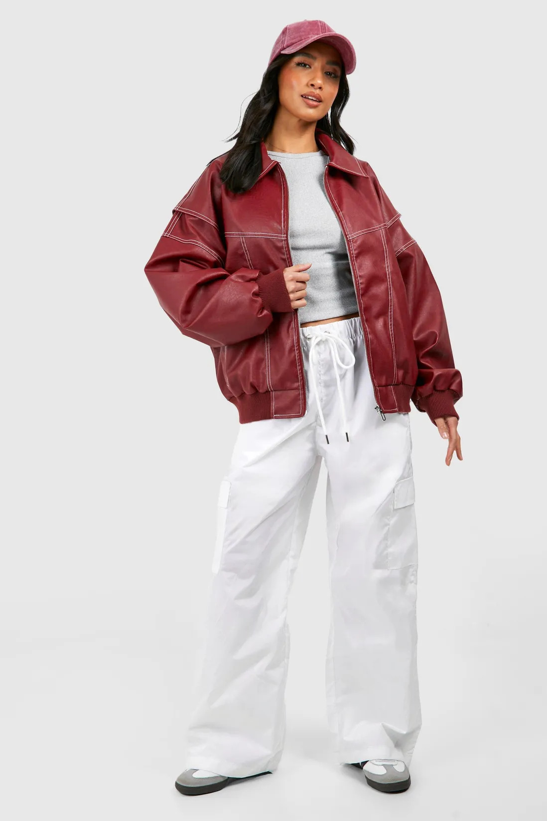 Petite Pu Contrast Stitch Oversized Bomber Jacket | Boohoo.com (UK & IE)