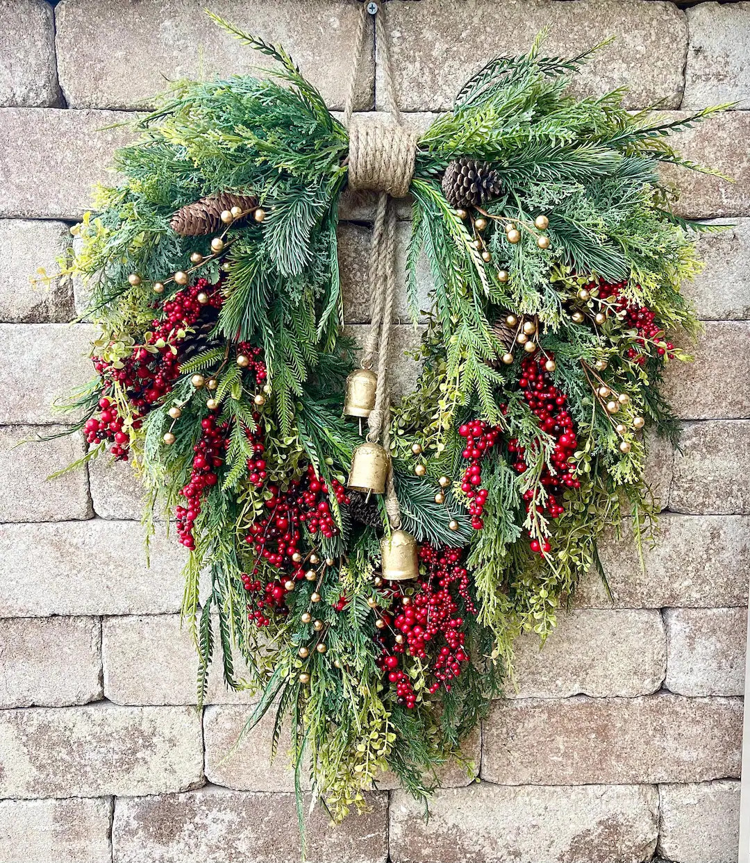 Red Berry Christmas Wreath, Rustic Evergreen Farmhouse Wreath With Gold Bells, Neutral Winter Doo... | Etsy (US)
