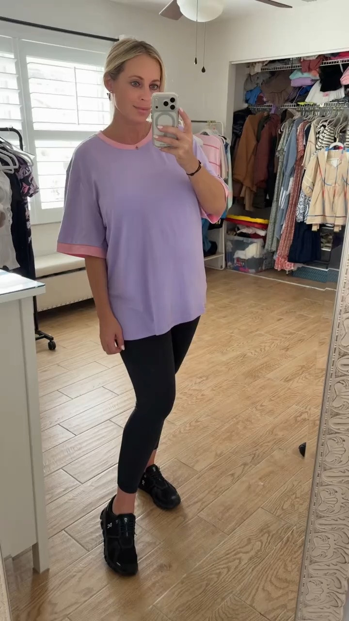 Casual outfit. Wearing XL in oversized tee, 10 in Lululemon leggings and 9 in on cloud sneakers. 26 weeks pregnant

#LTKootd #LTKMidsize #LTKBump