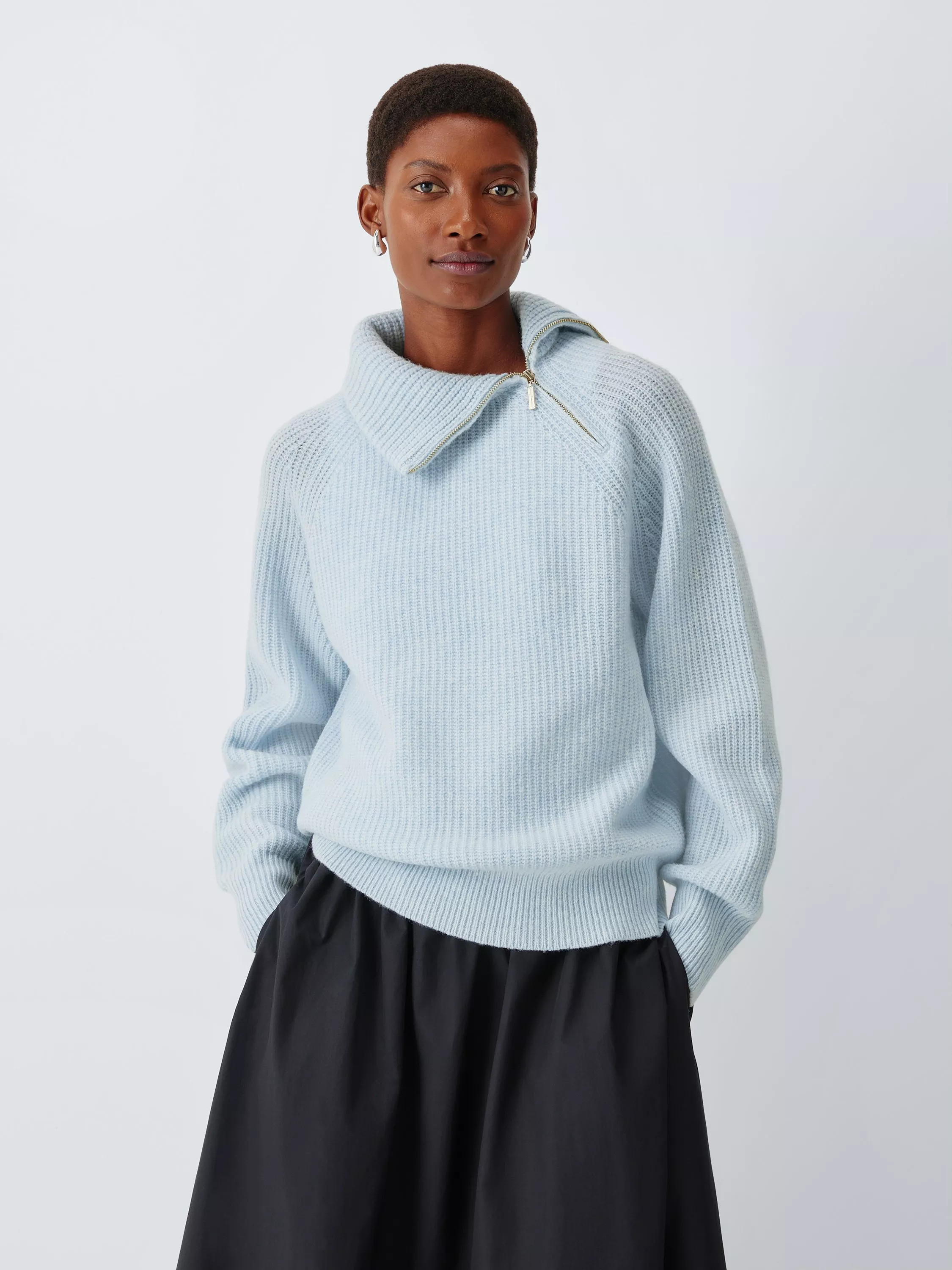 John Lewis Wool Blend Asymmetrical Zip Neck Jumper, Pale Blue | John Lewis (UK)