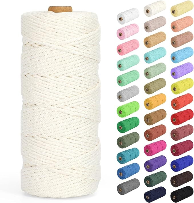 Macrame Cord 3mm x 109Yards (328Feet), Natural Cotton Macrame Rope - 4 Strands Twisted Macrame Co... | Amazon (US)