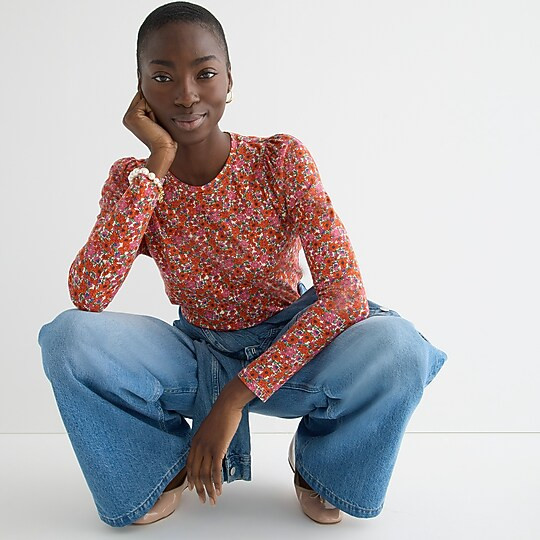 High-neck puff-sleeve top in floral print | J. Crew US