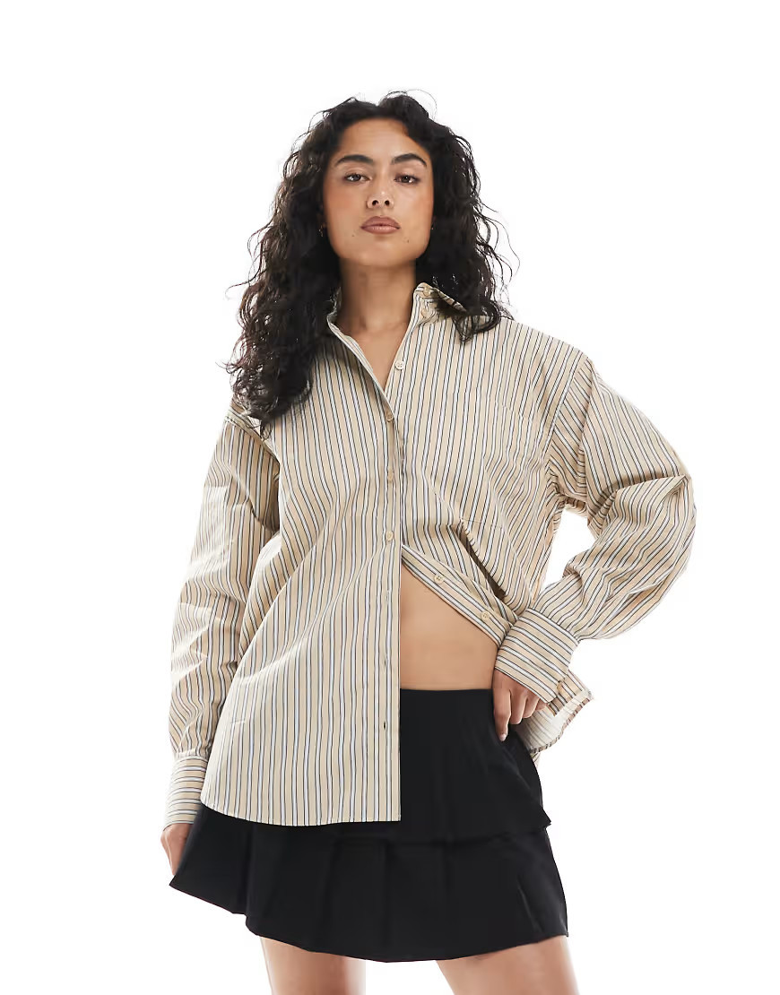 ASOS DESIGN oversized shirt in stone stripe-Multi | ASOS (Global)