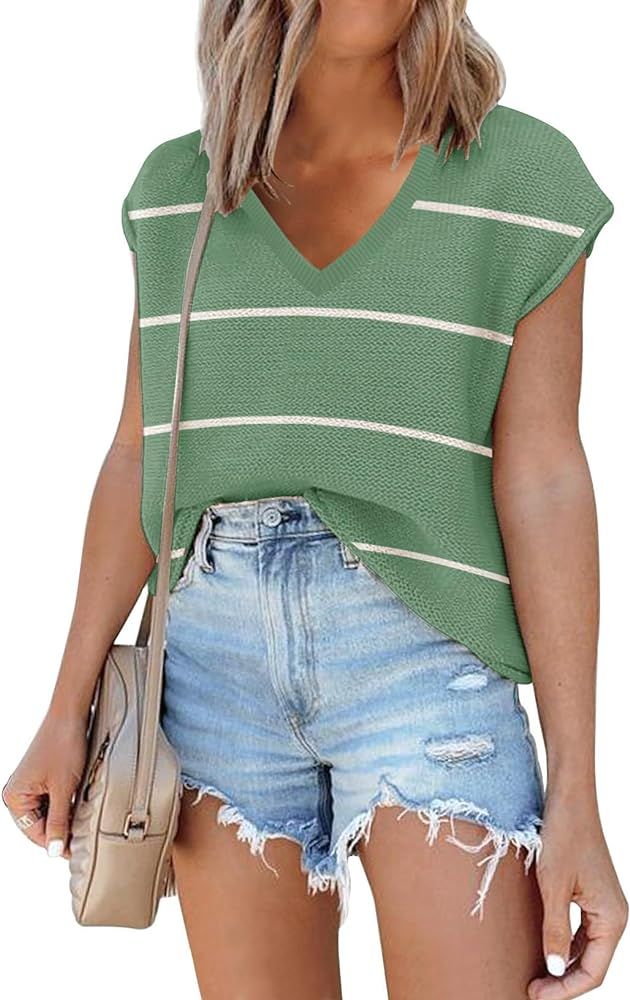 SAUKOLE Women's Sleeveless Sweater Vest Casual V Neck Cap Sleeve Knit Pullover Tank Tops 2024 Spr... | Amazon (US)