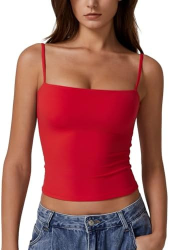 QINSEN Women's Double Lined Basic Tank Top Adjustable Spaghetti Straps Sleeveless Camisole Shirts | Amazon (US)