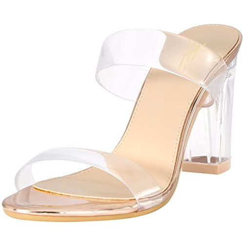 ZriEy Clear Heels for Women Transparent Two Strap Block Chunky Heel Sandals | Amazon (US)