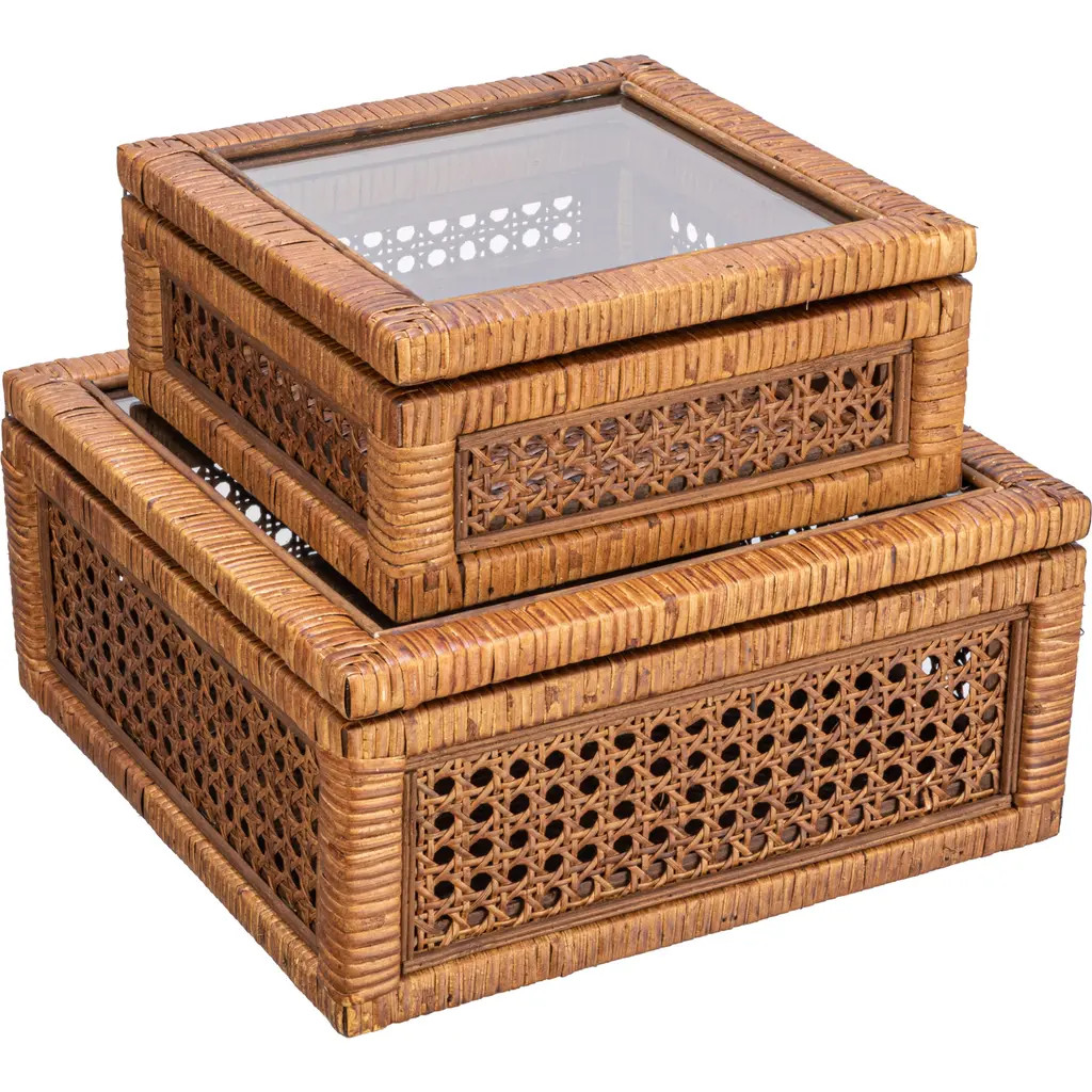 Storied Home Modern Decorative Square Woven Rattan and Wood Display Boxes with Glass Top, Dark Brown Finish, Set of 2 at Nordstrom | Nordstrom