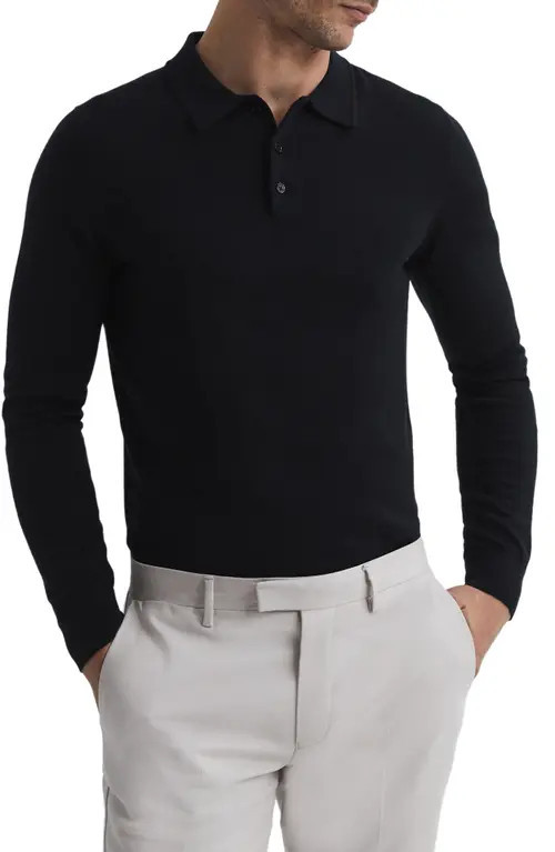 Reiss Trafford Long Sleeve Wool Polo Sweater in Black at Nordstrom, Size Large | Nordstrom