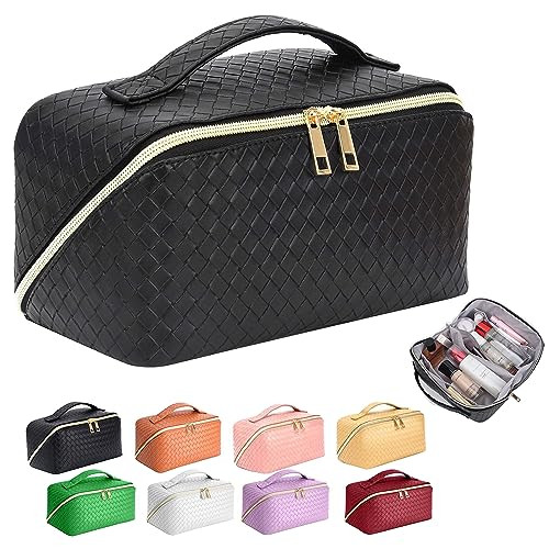 ZAUKNYA Makeup Bag - Large Capacity Travel Cosmetic Bag, Portable Leather Waterproof Women Travel Makeup Bag Organizer, with Handle and Divider Flat Lay Checkered Cosmetic Bags (Black) | Amazon (US)