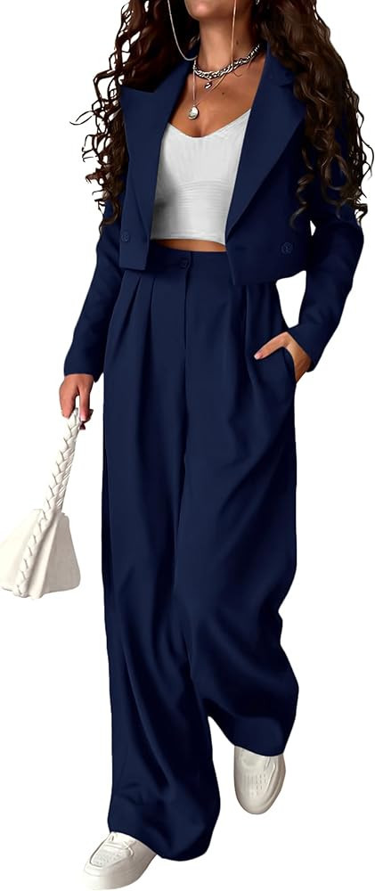 PRETTYGARDEN Women's 2 Piece Casual Outfits Cropped Blazer Jackets High Waisted Wide Leg Work Pan... | Amazon (US)