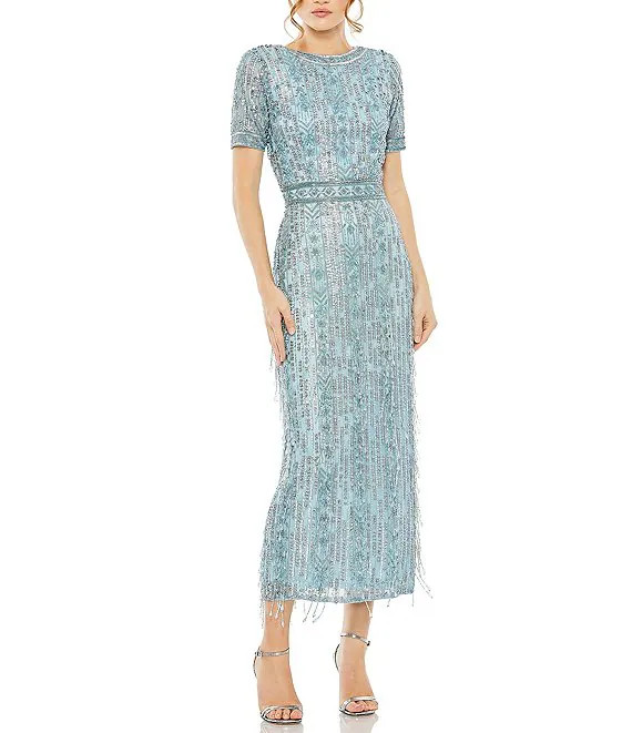 Short Sleeve Sequined Beaded Sheath Midi Dress | Dillard's