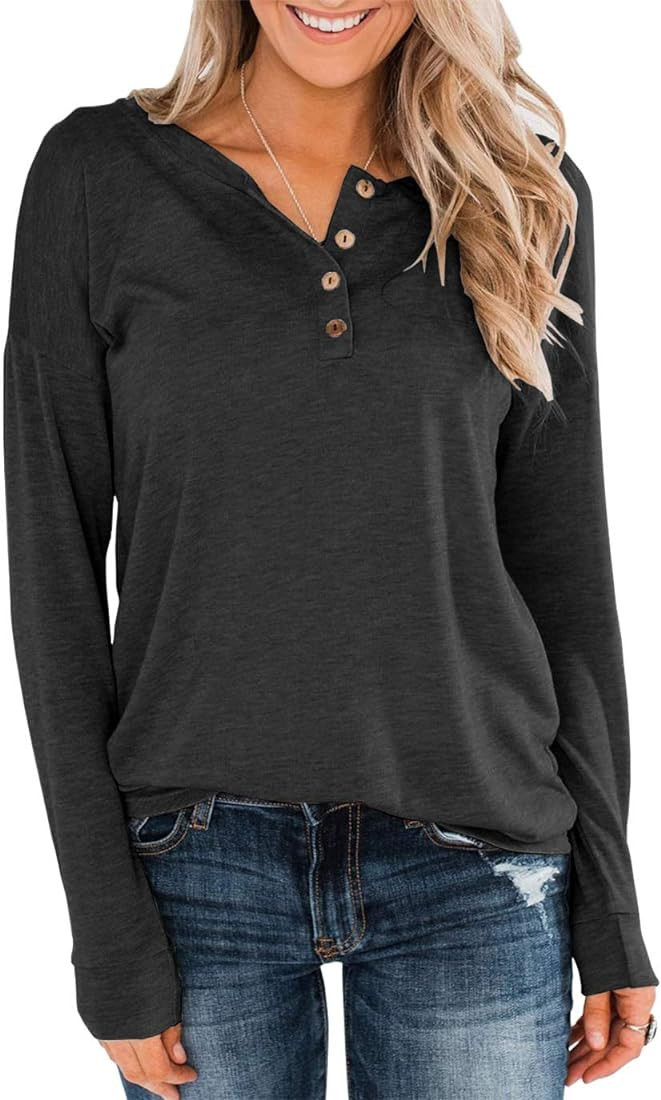Topstype Women's Long Sleeve Henley Tops Pullover with Buttons Down Casual Loose Fit V-Neck Tunic... | Amazon (US)