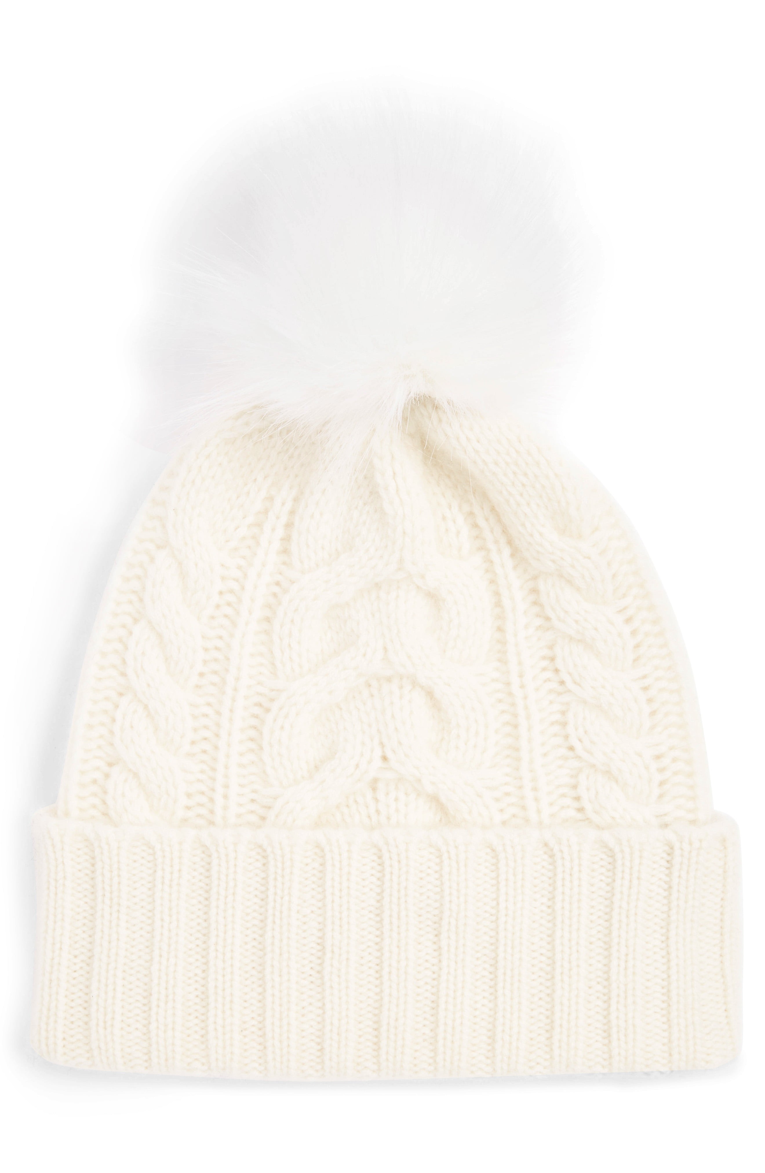 Halogen® Cashmere Cable Knit Beanie with Faux Fur Pom | Nordstrom
