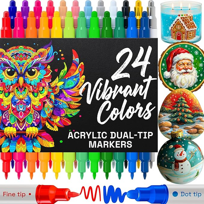 ARTISTRO 24 Acrylic Paint Markers for Rock, Fabric, Wood, Glass, Craft, Decoration - Dual-Tip Pai... | Amazon (US)